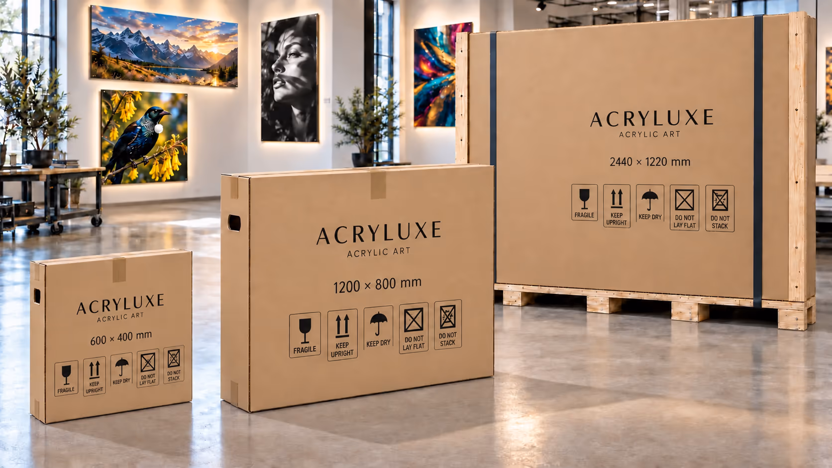 Three sizes of carefully packed Acryluxe acrylic artwork in protective branded cartons, displayed in the Acryluxe gallery