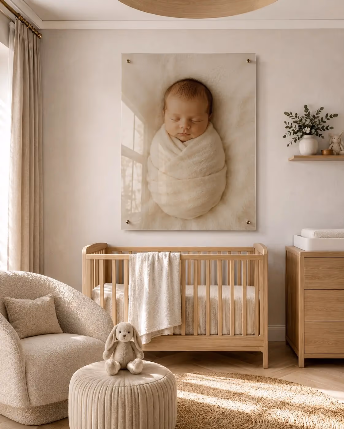 Newborn baby portrait displayed as acrylic wall art in an elegant nursery
