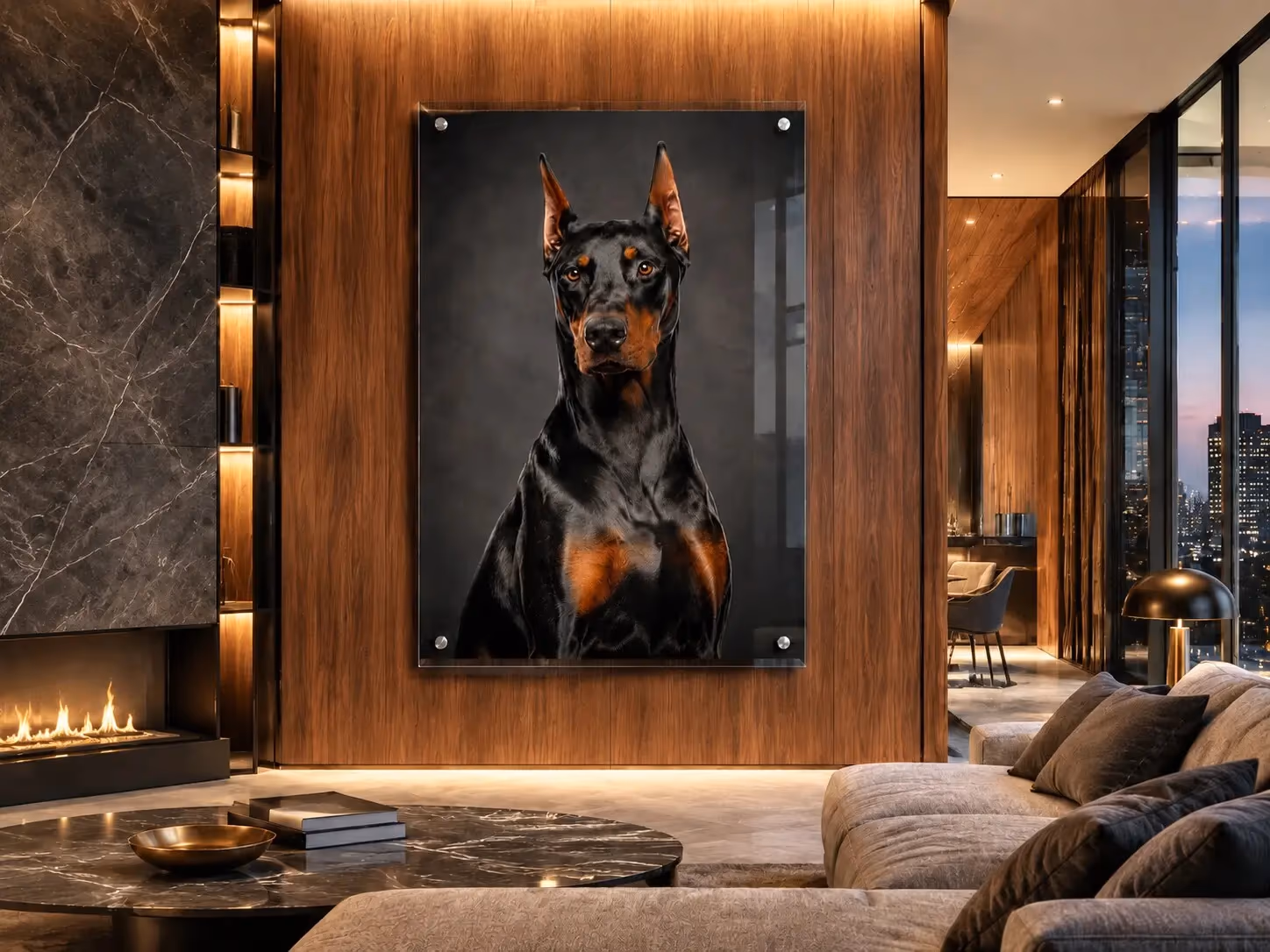Doberman acrylic portrait installed in a mood-lit luxury apartment