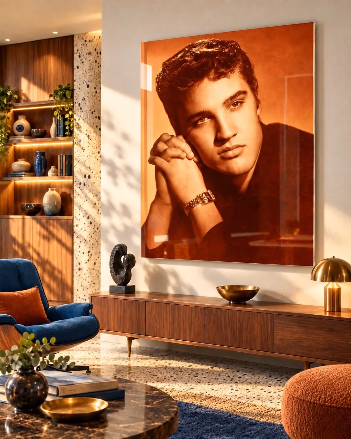 Elvis Presley duotone acrylic art installed in a mid-century apartment