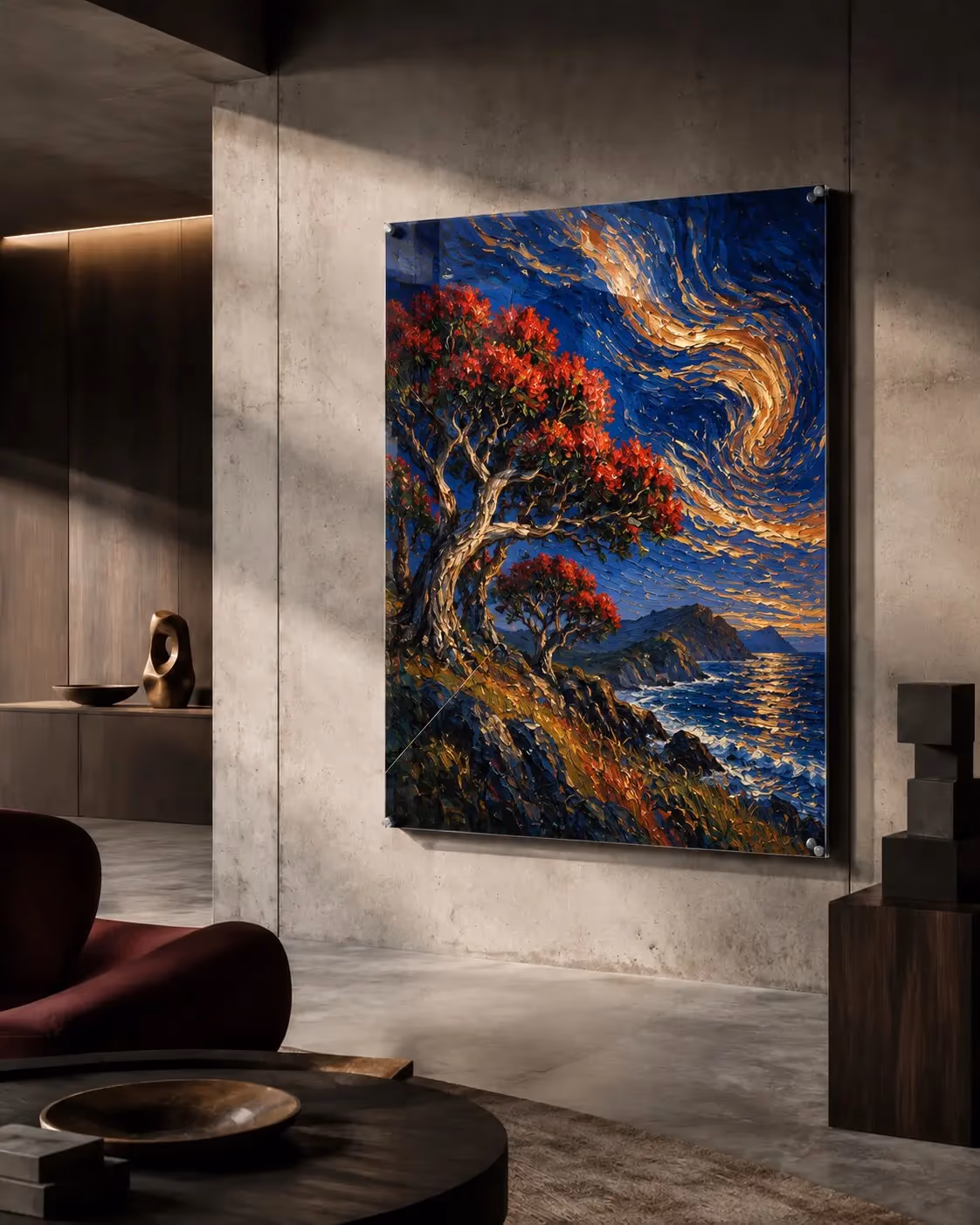 Original expressive pōhutukawa coastal painting installed as acrylic art in a luxury apartment