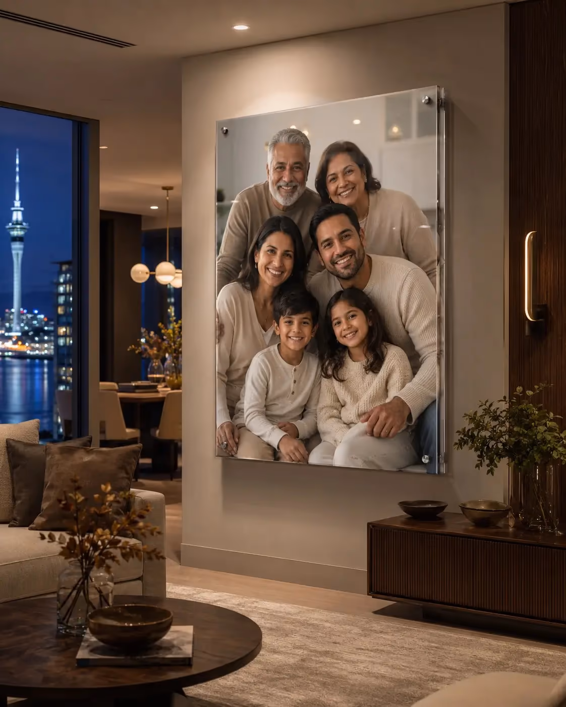 Multigenerational family portrait displayed as acrylic wall art in a warm apartment