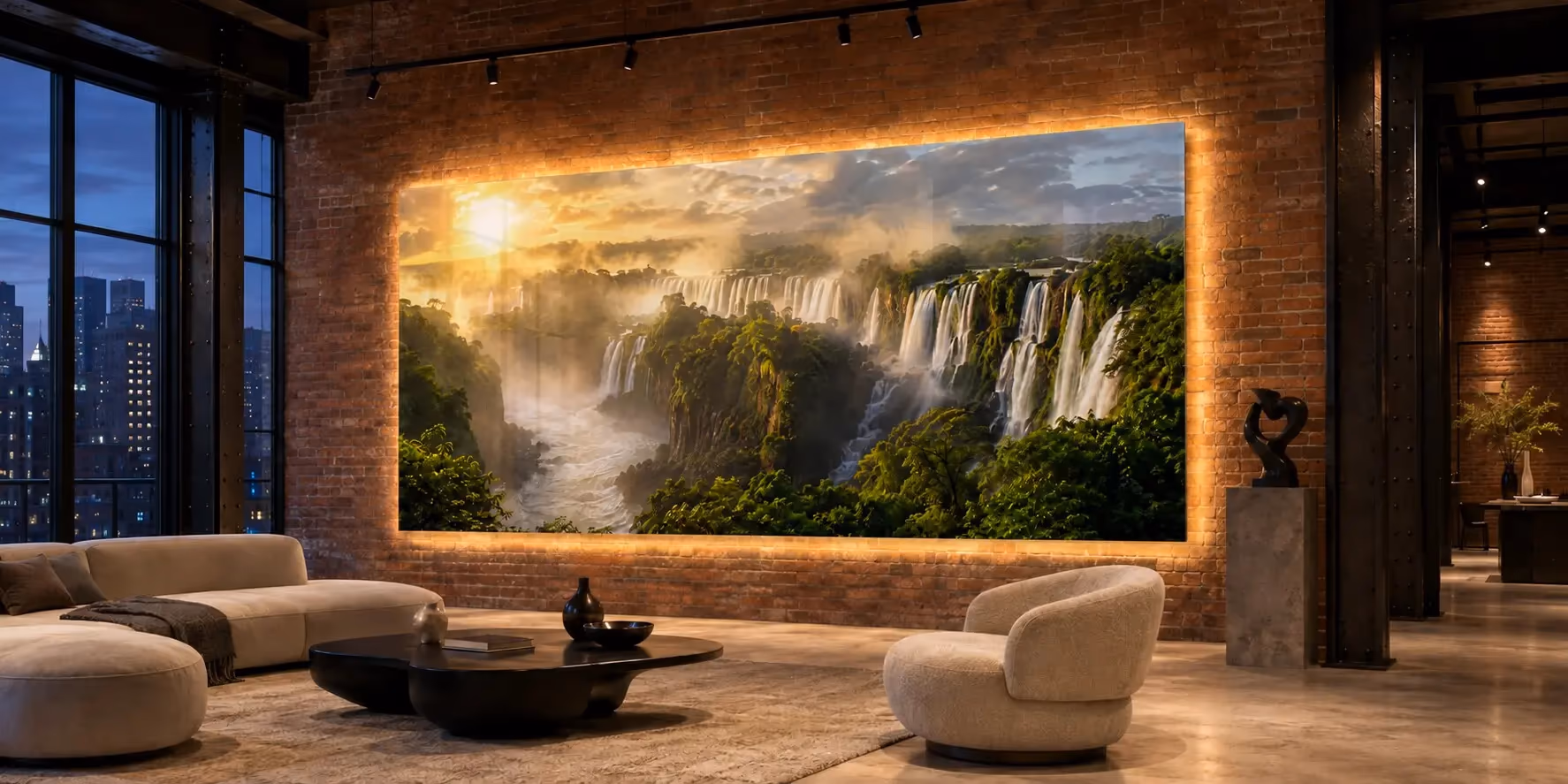 Large backlit Iguazu Falls acrylic print installed in a New York loft