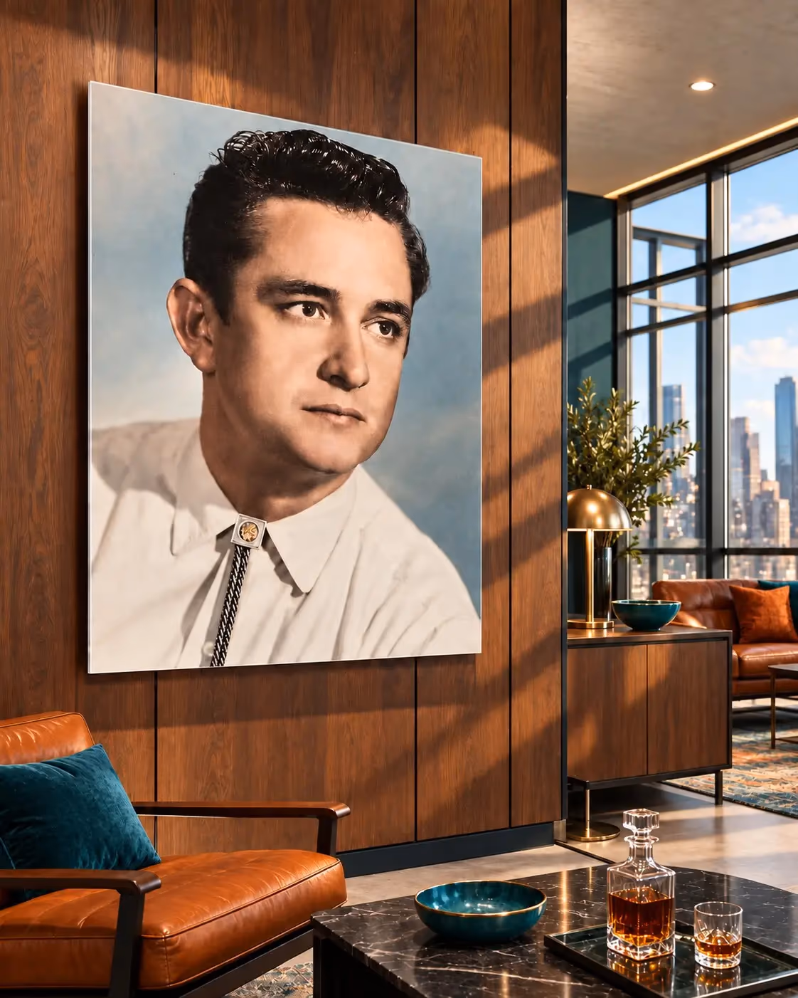 Johnny Cash acrylic art installed in a luxury penthouse