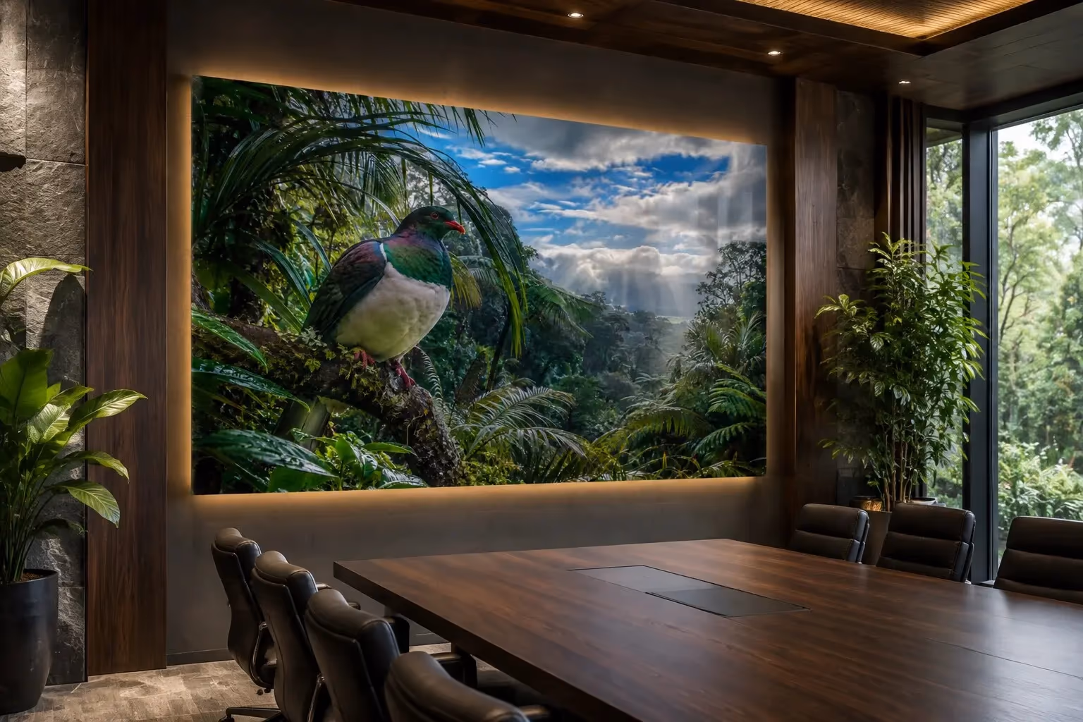 Large kererū rainforest acrylic artwork installed in a biophilic executive boardroom