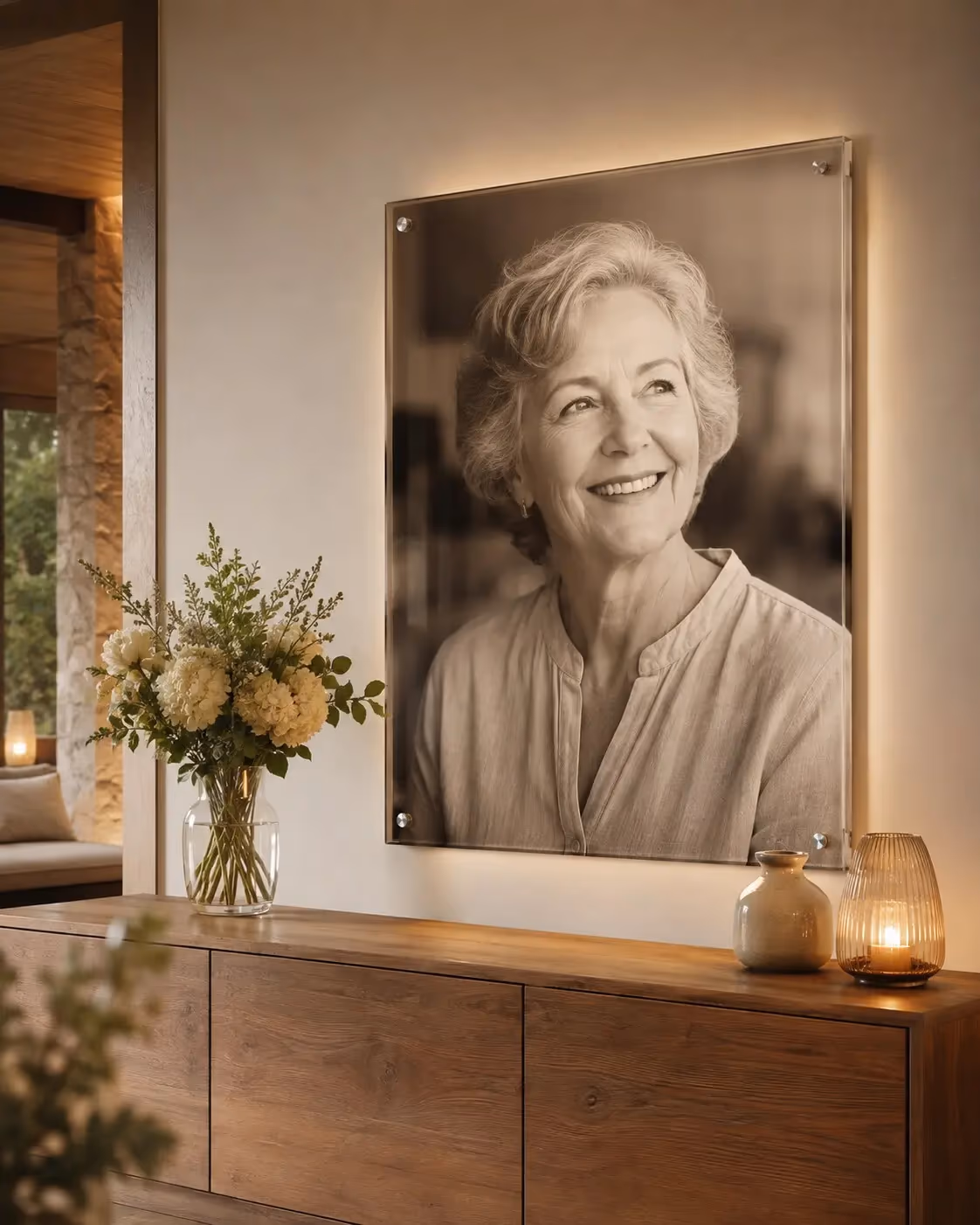 Memorial portrait displayed as acrylic wall art in a softly lit home