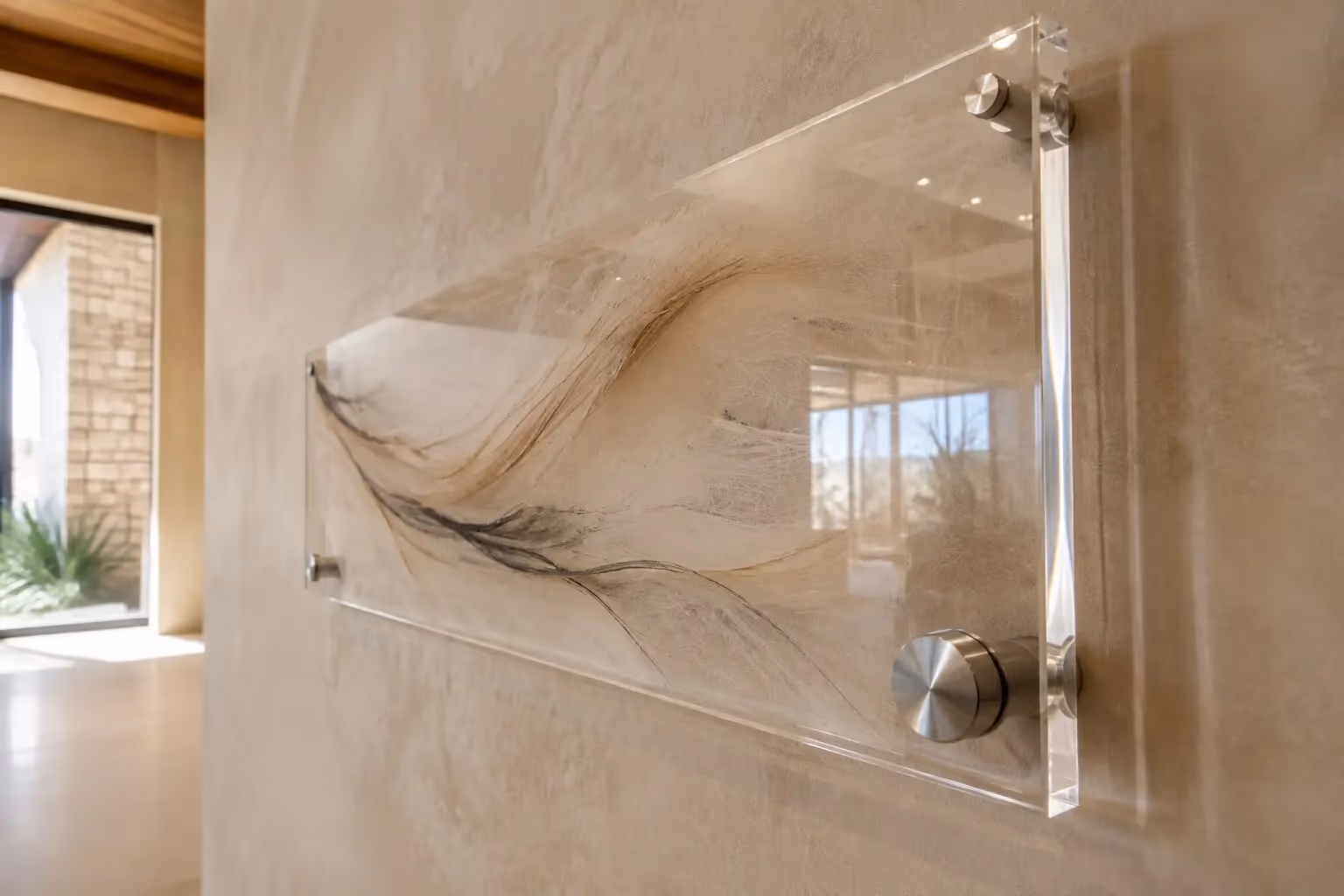 Acrylic artwork installed with round architectural metal stand-offs at each corner
