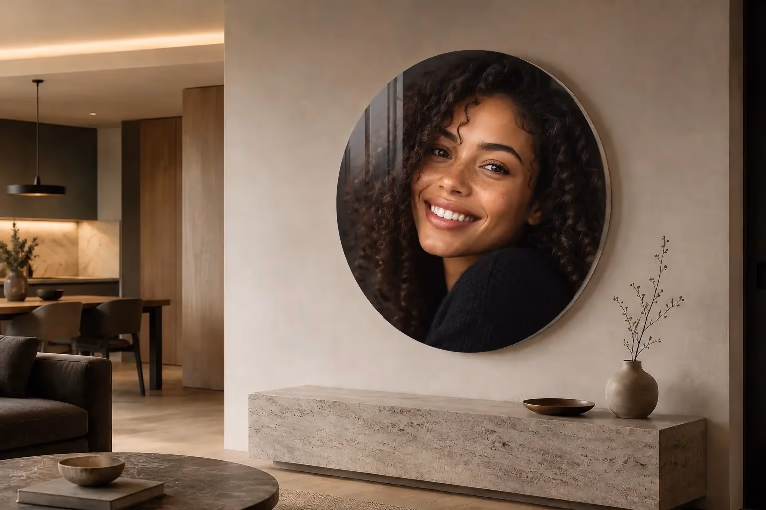 Circular acrylic print featuring a smiling woman’s face in a luxury apartment