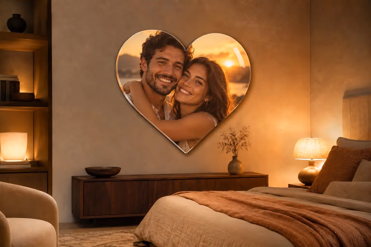Heart-shaped acrylic print featuring a smiling couple’s faces installed in a warmly lit room