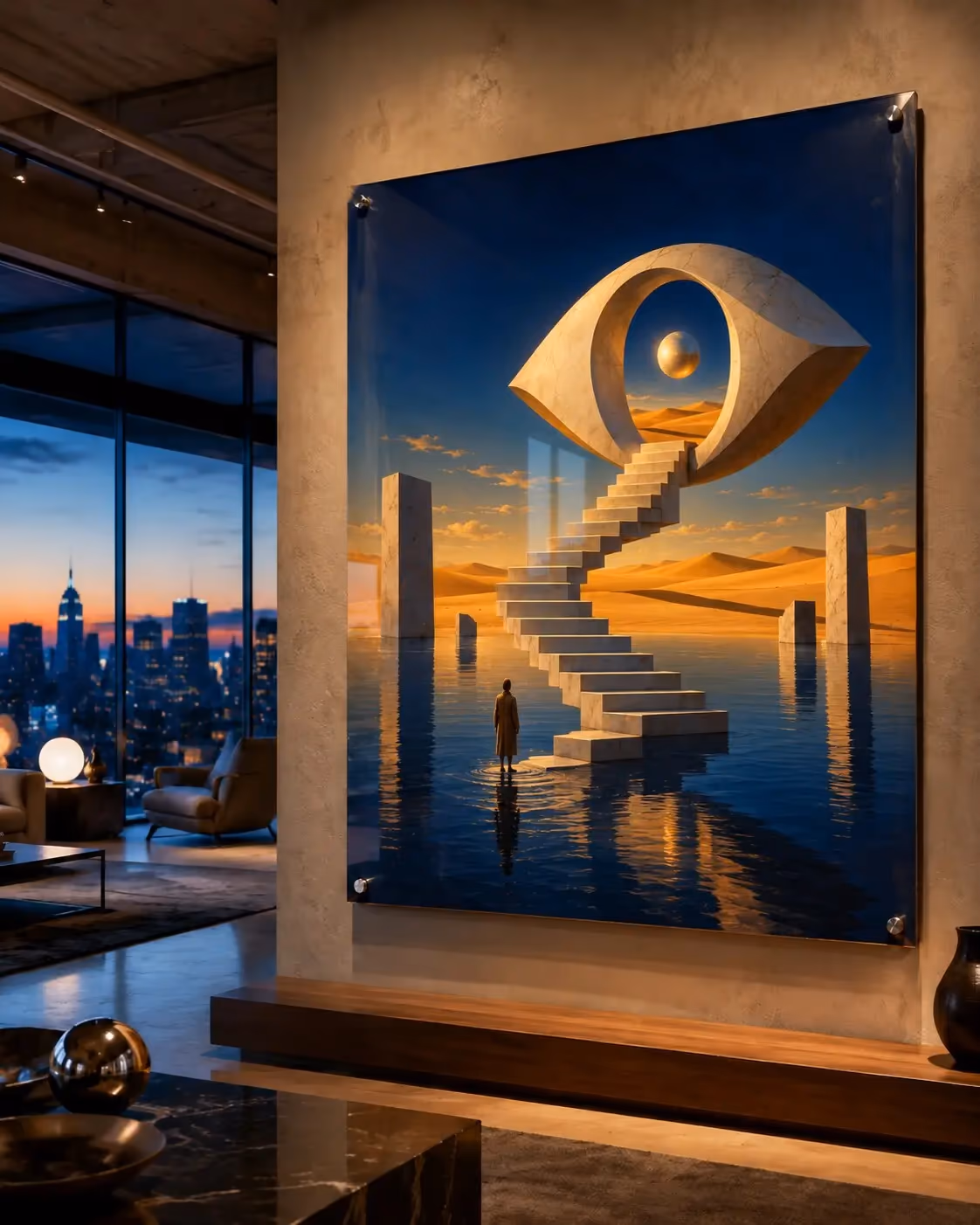 Original dreamlike staircase and eye gateway acrylic artwork installed in a dramatic New York loft