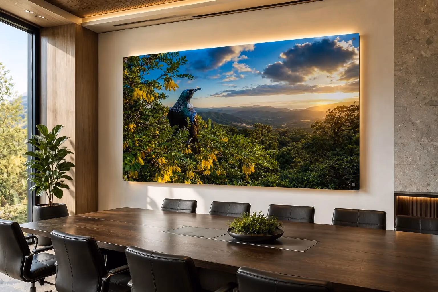 Large tūī and kōwhai acrylic artwork installed in a light modern executive boardroom